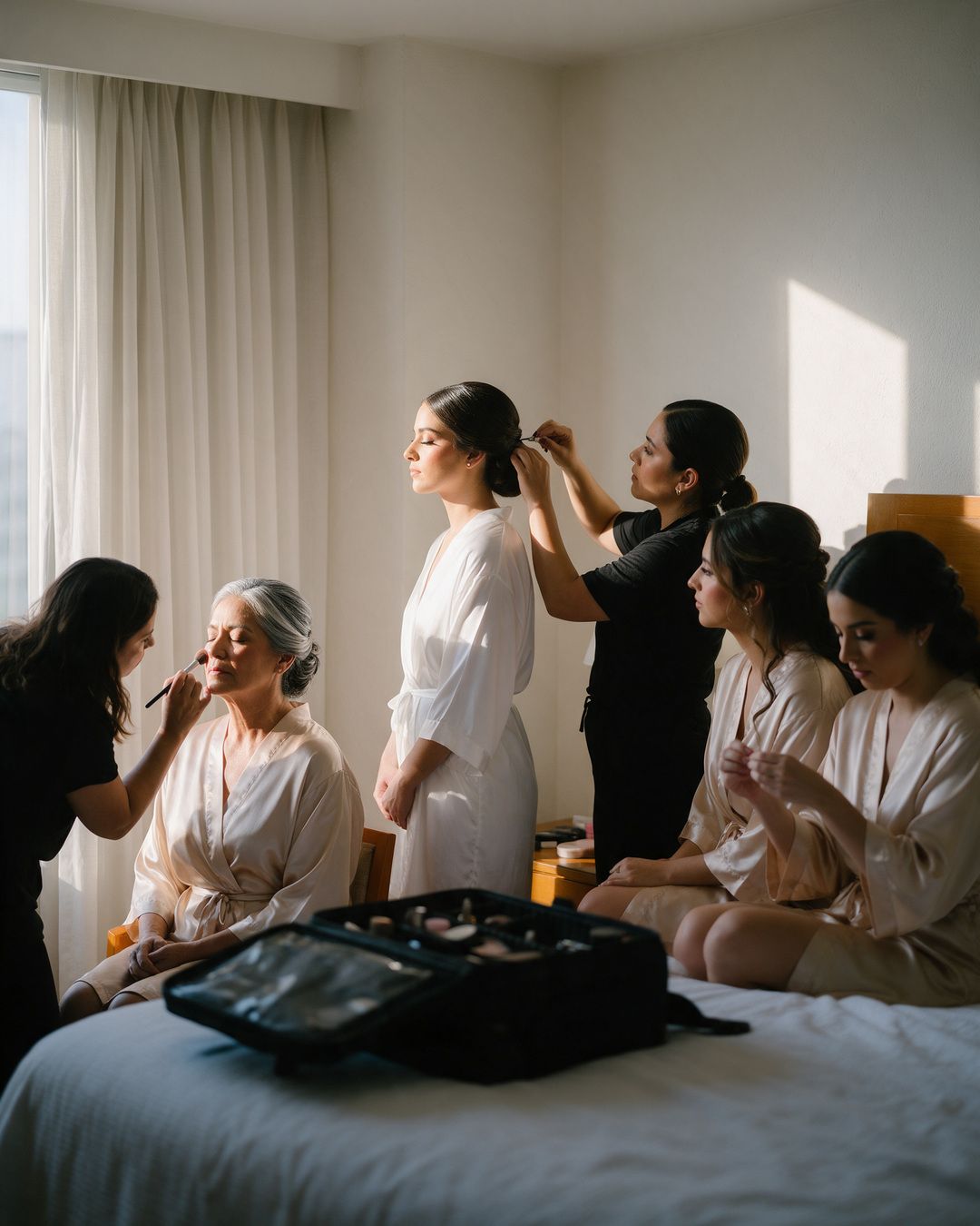 Novia, damas y mamá listas en la suite